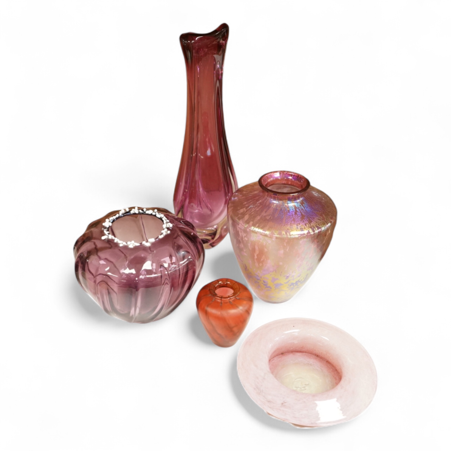 Five pieces of art glass including a Royal Brierley Studio vase, tallest 37.5cm